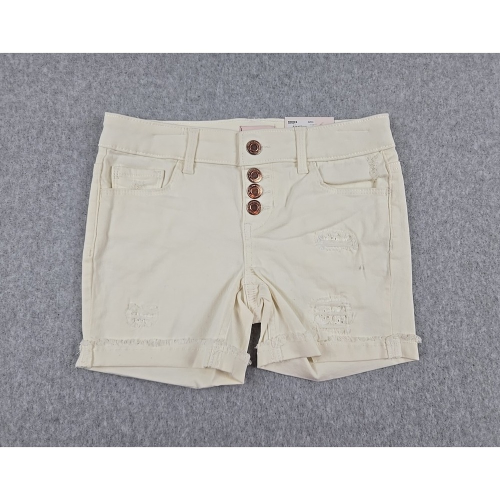 SO Jean Shorts Girls Size 8 Mid Rise Denim Midi Short Distressed Ivory Jeans NWT